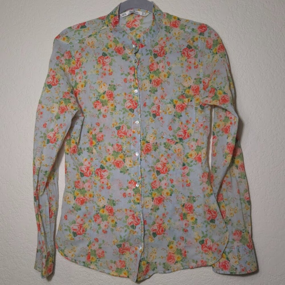 Zara Woman Premium Denimwear Floral Rose Print Button Down Top - Size M